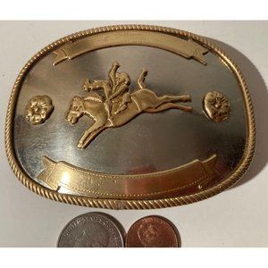 Vintage Metal Belt Buckle, German Silver and Brass, Bronco Busting, Horse Break